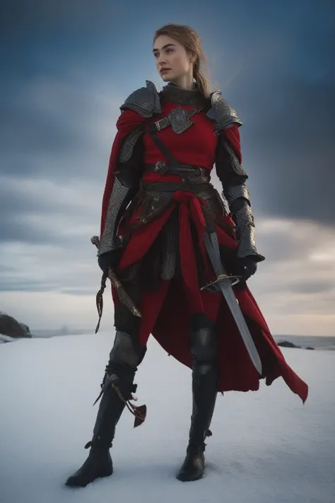 close-up of a woman in a red and black outfit holding a sword, north adult female warrior, north female warrior, female paladin ...