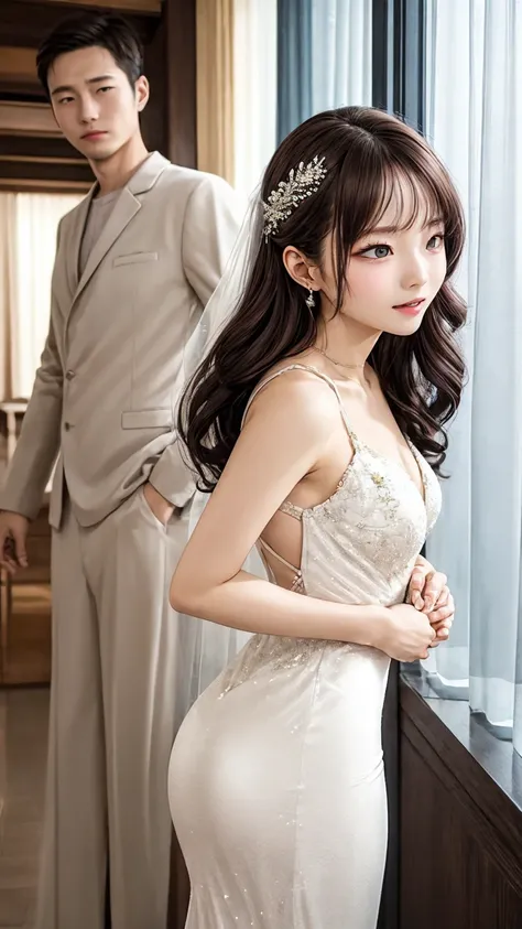 One piece wedding dress、Beautiful young wife、Super detailed、Particles of light:0.5、Shiny and smooth skin texture、First Night、Love each other、Beautiful clear eyes、Secret Love Affair、Sex、、Natural Texture、Short Hair、、Mature slender beauty、Small breasts、Dignif...