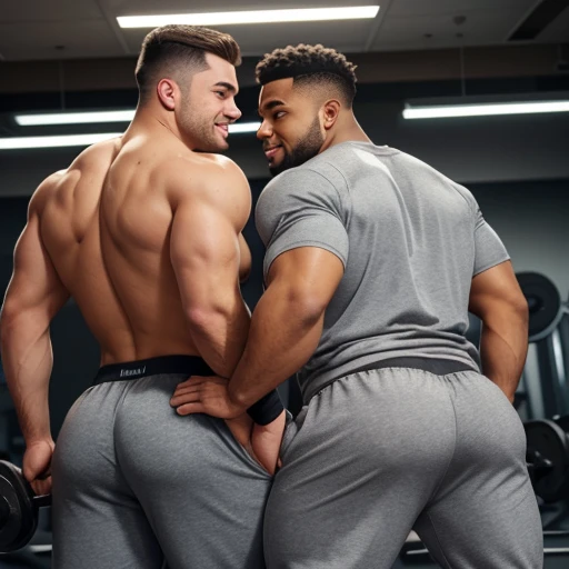 Two male college football players, muscular, jocks, at the gym, athletic, shirtless, dark brown hair, wearing grey sweatpants, big butt, huge ass, curvy men, comically massive ass, bubblebutt, thick, thicc, thick ass, thick legs, thick thighs, huge butt ch...