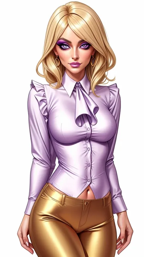 lulu, gorgeous blonde woman, ruffle shirt, lithe, slim,  gold silk pants, navel, 

charcoal eyes, lilac makeup, 

white backgrou...