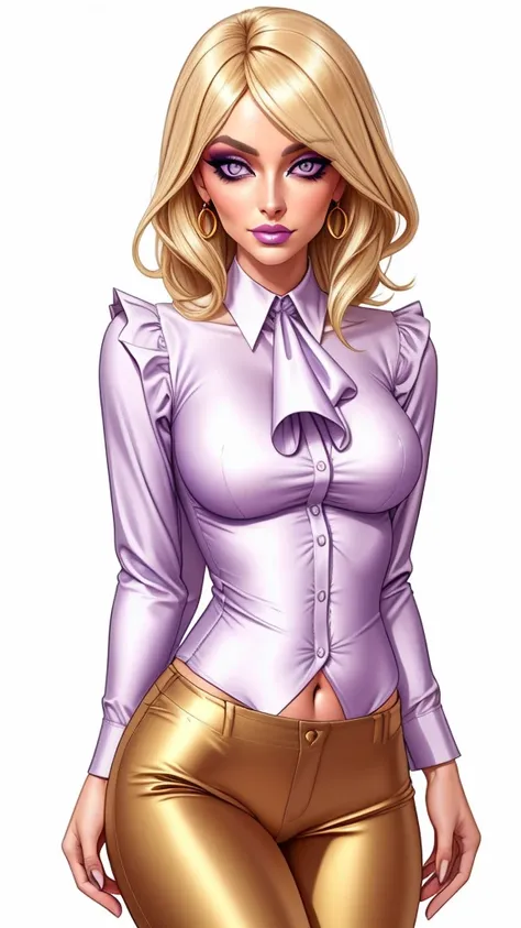 lulu, gorgeous blonde woman, ruffle shirt, lithe, slim,  gold silk pants, navel, 

charcoal eyes, lilac makeup, 

white backgrou...