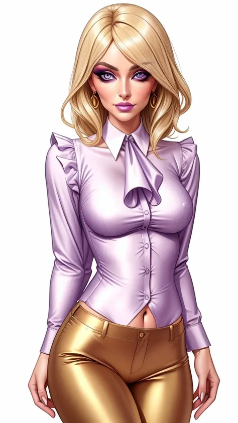 lulu, gorgeous blonde woman, ruffle shirt, lithe, slim,  gold silk pants, navel, 

charcoal eyes, lilac makeup, 

white backgrou...