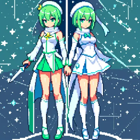 pixel art、whole body、left facing（important）、small breasts、a light mint green color that is almost white, and white、bow-legged、ho...