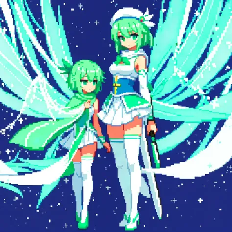 pixel art、whole body、left facing（important）、small breasts、a light mint green color that is almost white, and white、bow-legged、ho...