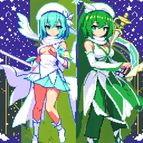 pixel art、whole body、left facing（important）、small breasts、a light mint green color that is almost white, and white、bow-legged、ho...