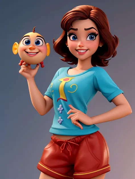 imagem estilo pixar com personagem 3d óculos brancos morena mulher cabelo curto cacheado dançando, disney makeup,fisherman, cute...