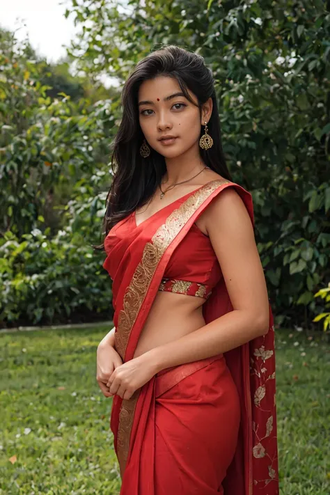 realistic amateur photo posted to  , beautiful young cute female , yard , saree