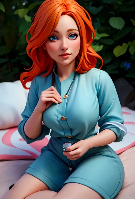 a girl with orange hair, wearing a blue outfit, in a colorful meadow, at night, on a bed,(best quality,4k,8k,highres,masterpiece...