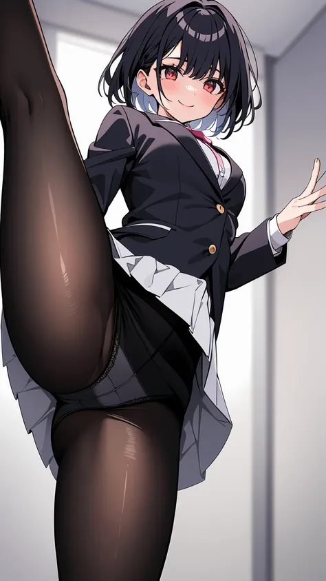 One Girl, Five Fingers, mini skirt, Looking down at the viewer, Black Hairロングヘアー, Highest quality, Focus on the thighs, Dynamic pose, smile, blazer, blouse, Black Pantyhose, panties under pantyhose, Standing Split, classroom, Black Hair, Stylish pose,My th...