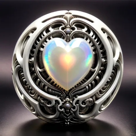 a white and opal mechanical orb, giger style, silvercarvingcd_xl , rainbow heart aura,