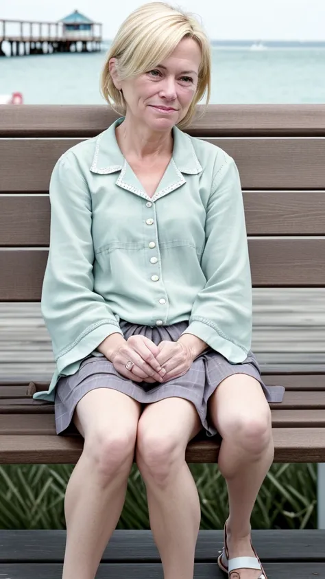 high detail, frumpy gorgeous adorable blonde aunt, sitting on bench on boardwalk, 3/4 view, natural tits