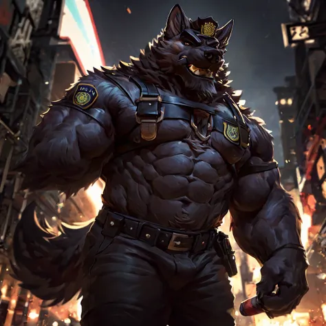 muscular male anthropomorphic german shepherd, black leather harness, police badge, daddy, black leather pants, black fur on body, tan fur on body, light light brown fur on body, lit cigar in mouth, extremely detailed, photo-realistic, cinematic lighting, ...