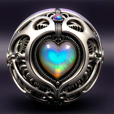 a black and opal mechanical orb, giger style, silvercarvingcd_xl , rainbow heart aura,