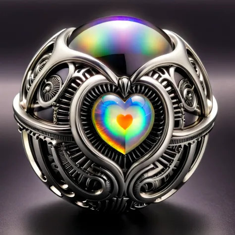 a black and opal mechanical orb, giger style, silvercarvingcd_xl , rainbow heart aura,