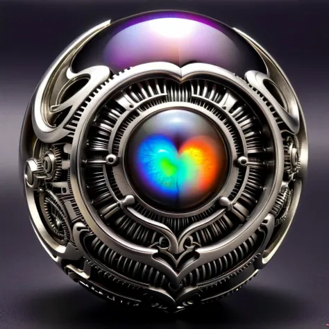 a black and opal mechanical orb, giger style, silvercarvingcd_xl , rainbow heart aura,