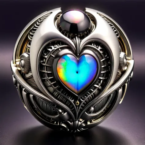 a black and opal mechanical orb, giger style, silvercarvingcd_xl , rainbow heart aura,