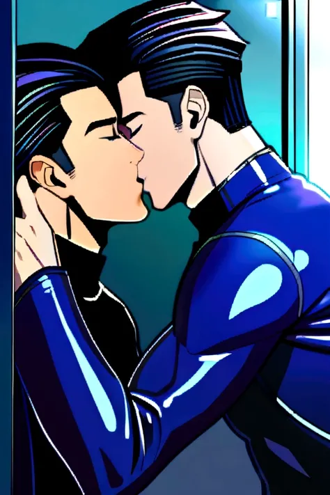 2 horny gay males in light blue latex kissing each other in a tight locker