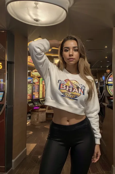 gorgeous young colombian woman, in her casino room, slot machine, wearing a legging and a sweatshirt, full body, beautiful face,...