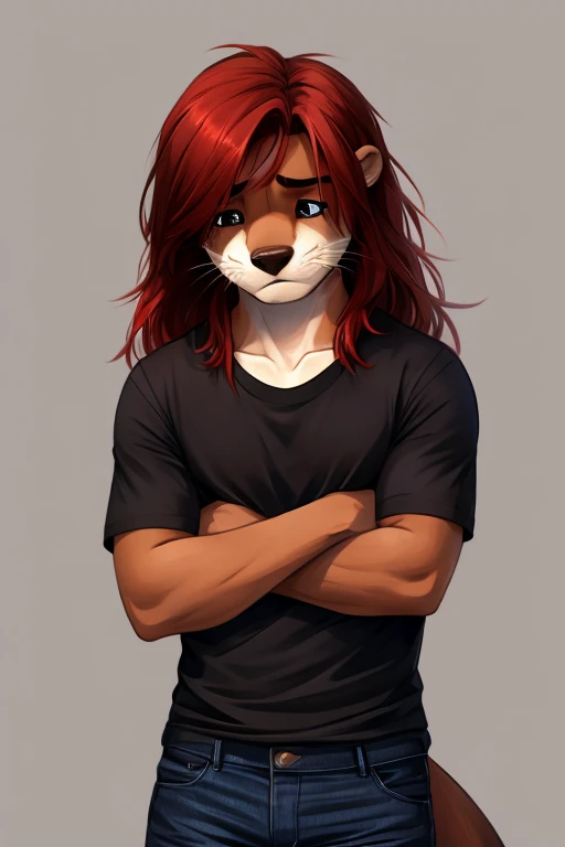 Furry, otter, sad, long red hair, black T-Shirts, Jeans 