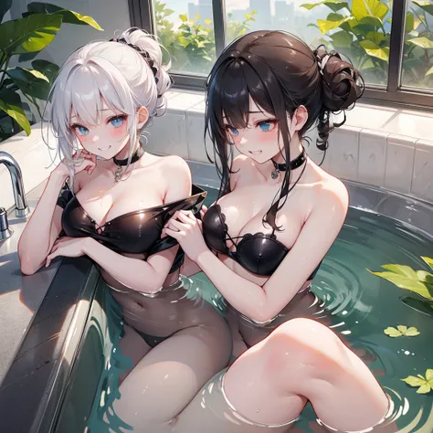 ((kinky students putting their hair up)), taking a bath,kinky grin,