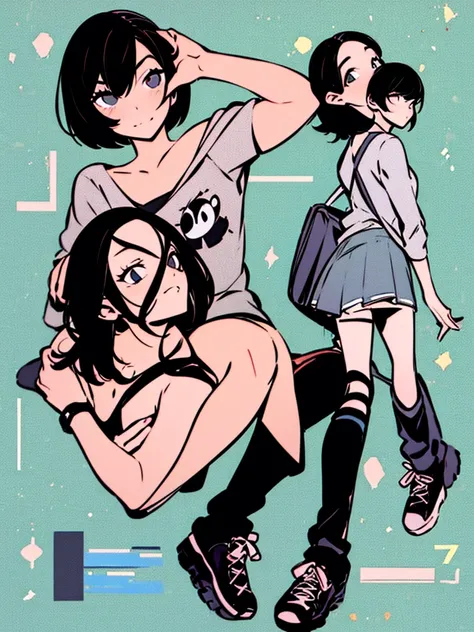 short bob, black hair, black eyes, slant eyes, round face, full body, high teen, bad mood