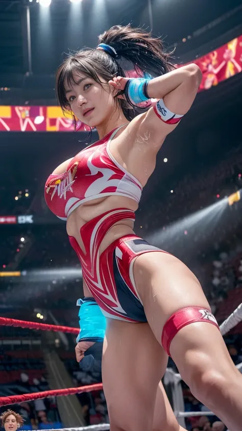 Female professional wrestler、Fighting Pose、smile、((In the Ring))、((Spotlight))、(((Big stadium)))、((Super big breasts))、(Saggy breasts)、((Super tight uniform))、Wristband、(((A flashy costume with a bizarre pattern)))、((Elbow Support))、((Knee support))、Taping...