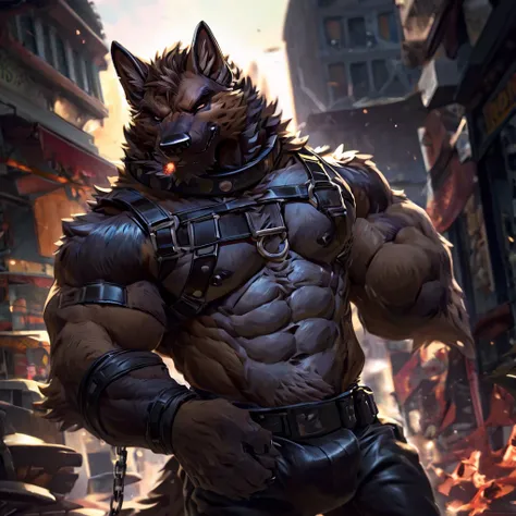 muscular male anthropomorphic german shepherd, black leather harness, police badge, daddy, black leather pants, black fur on body, tan fur on body, light light brown fur on body, cigar lit, black leather collar, sliver chain connected to a d-ring on collar...