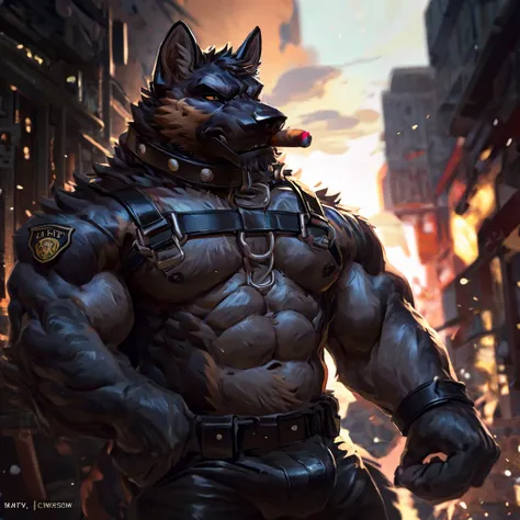 muscular male anthropomorphic german shepherd, black leather harness, police badge, daddy, black leather pants, black fur on body, tan fur on body, light light brown fur on body, cigar lit, black leather collar, sliver chain connected to a d-ring on collar...