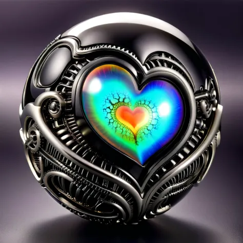 a pure black and opal mechanical orb, giger style, silvercarvingcd_xl , rainbow heart aura,