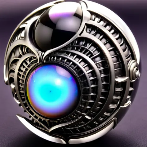 a pure black and opal mechanical orb, giger style, silvercarvingcd_xl , rainbow heart aura,