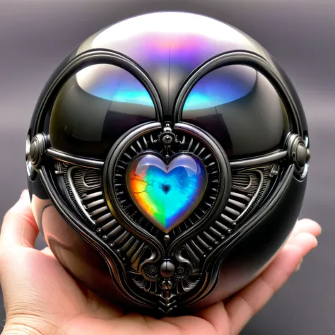 a pure black and opal mechanical orb, giger style, silvercarvingcd_xl , rainbow heart aura,