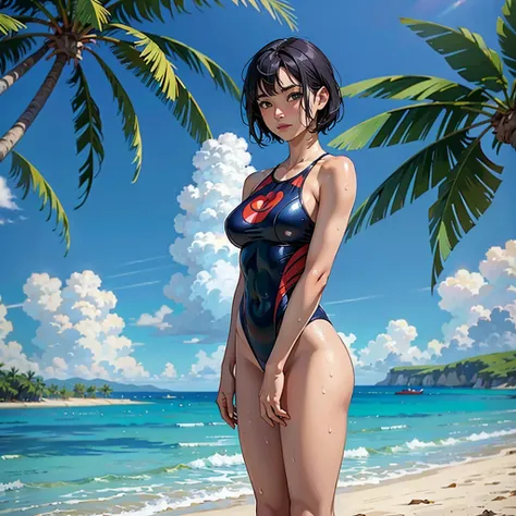 ((highest quality, masterpiece, High resolution)), ((reality)),Photos of beautiful Japanese women,((anime art))、 (((1 girl))), normal size breasts, slim body shape,  medium short hair, double eyelid, Wet see-through one-piece swimsuit,,  A pareo with bold ...