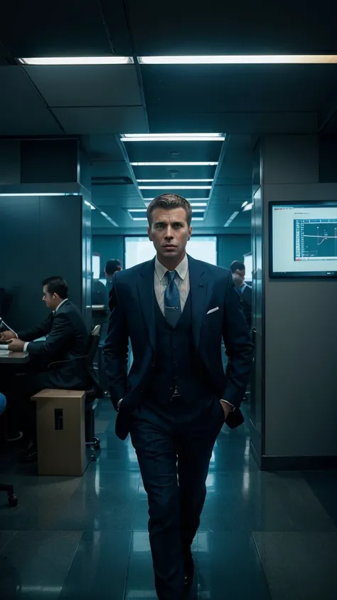 men in suit in a brokerage office, 4k realistic imagery, blue scenery like a movie scene, old american setting, inspired by blade runner movie scene, blue tone,