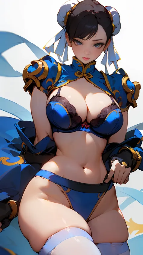  a woman ((beautiful, 21s,chun-li, voluptuous, big breasts,  detailed eyes, sexy girl)),  ((chinese blue lingerie ( bra, panties,  garterbelt  with  stockings  7/8)))