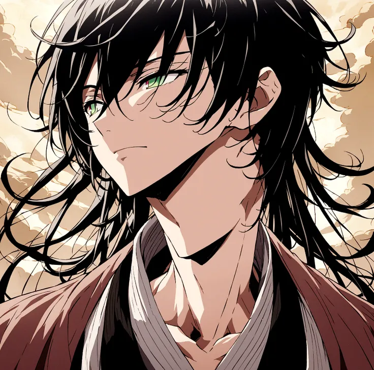 Male, tall, black hair that reaches his neck, crimson red eyes, skin. a little pale, a well-defined body and a pretty, elegant face, anime art