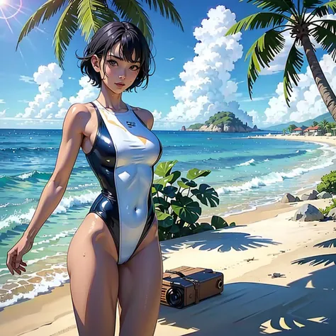 ((highest quality, masterpiece, High resolution)), ((reality)),Photos of beautiful Japanese women,((anime art))、 (((1 girl))), normal size breasts, slim body shape,  medium short hair, double eyelid, Wet see-through one-piece swimsuit,,  A pareo with bold ...