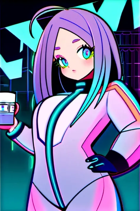 Futuristic anime cool hip-hop girl, long asymmetrical purple hair with blue tips, blue eyes, wearing a high-tech hip-hop suit style with LED accents, cyberpunk LED accessories. Busy Posing as hip-hop and grab coffee. A lot of office paper. The bubblegum ca...