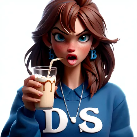 DS Character,Woman, styled, 3d,with straight brown hair , blue colored eyes, clothes in bank colors, cerulean, with the initials DS on clothing initials DS on adult clothing, role model, styled descolada, DS ,Woman 18 anos,realistic human model , showing t...