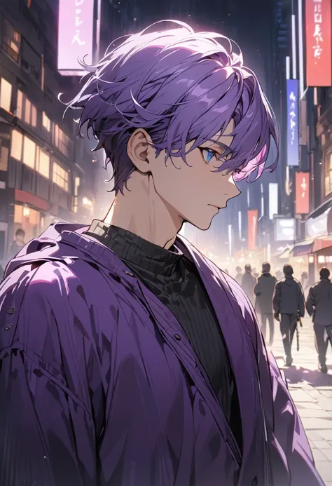 Highly detailed, High quality, Masterpiece, (long, long shot), 1 man, (purple hair, blue eyes, short hair, purple robe, sweater, wide black pants, medium musculature, detailed. background, walking in the square), portrait