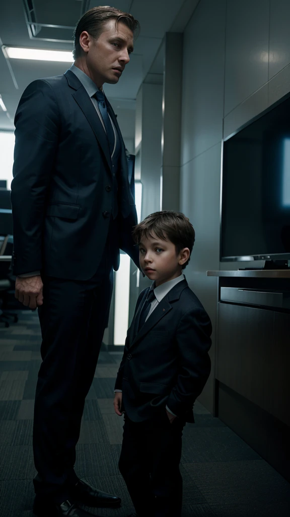 micheal in suit with his five year old son, christopher in a brokerage office, 4k realistic imagery, blue scenery like a movie scene, old american setting, inspired by blade runner movie scene, blue tone,