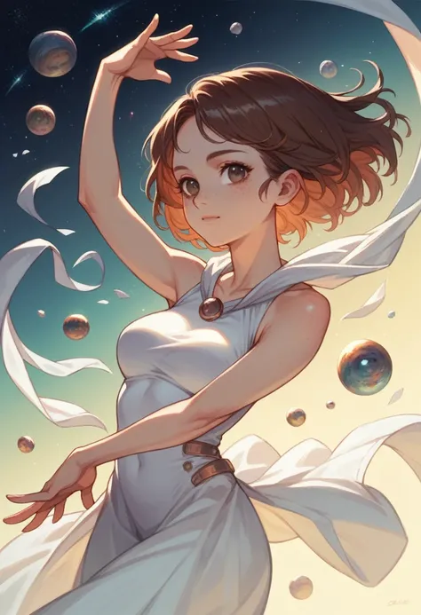 Illustration, detailed illustration, dynamic angle, ultra detailed, best quality, 1girl, 30 year old woman, beautiful, short brown hair, big brown eyes, light freckles, , dancing, in space