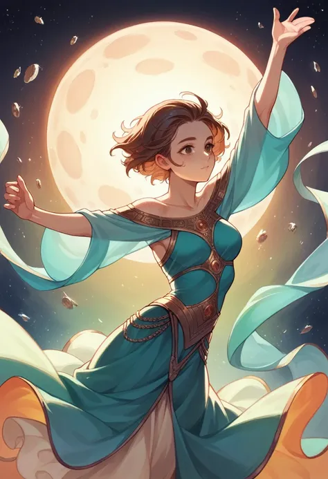 Illustration, detailed illustration, dynamic angle, ultra detailed, best quality, 1girl, 30 year old woman, beautiful, short brown hair, big brown eyes, light freckles, , dancing, in space