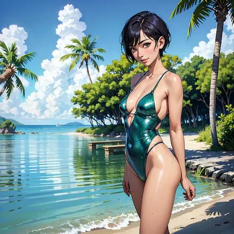 ((highest quality, masterpiece, High resolution)), ((reality)),Photos of beautiful Japanese women,((anime art))、 (((1 girl))), normal size breasts, slim body shape,  medium short hair, double eyelid, Wet see-through micro bikini,  A pareo with bold ethnic ...