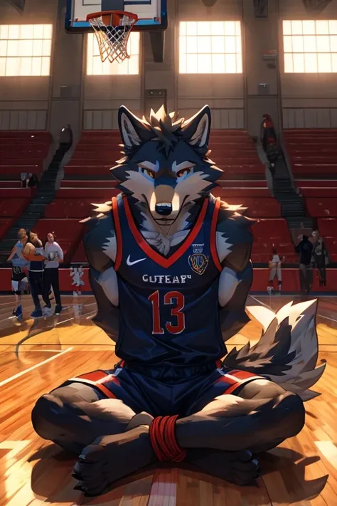 wolf, furry, basketball uniform, gagged, hands tied together behind, feet tied together, sitting on the floor, ultra detailed