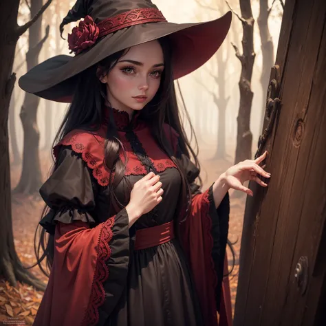 Best quality, A high resolution,A woman in witch clothes, dark red clothes, better resolution, better quality, detailed, long dark hair,