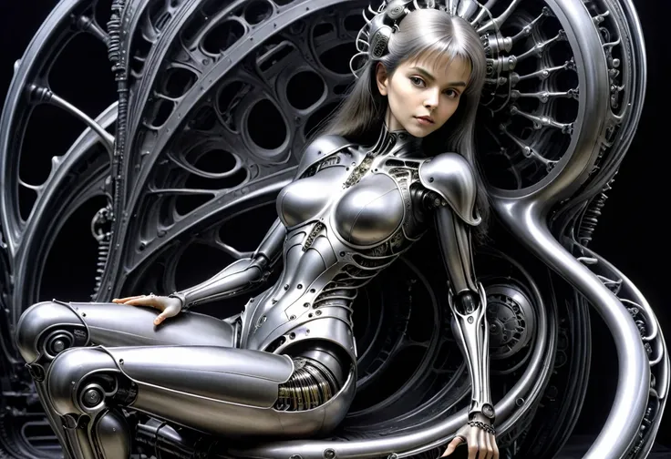 hrgiger, sitting woman , biomechanical, model selfie shot