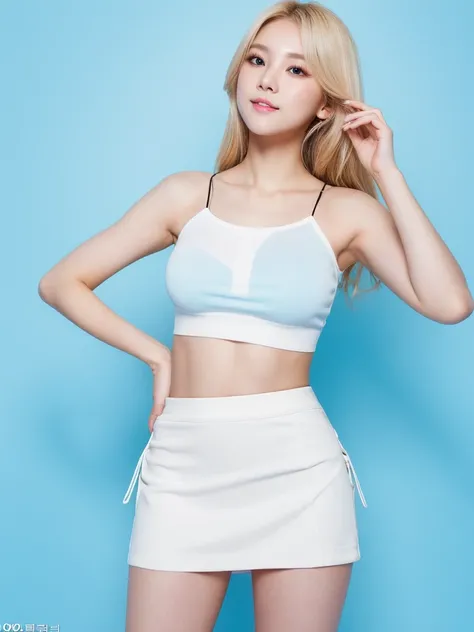 (masterpiece:1.3), (8 thousand, realistic, RAW photos, best quality: 1.4), (1 woman), Beautiful body, blonde hair , cute korean girl, sexy expression, slim a perfect figure, short blue skirt, white crop top , 