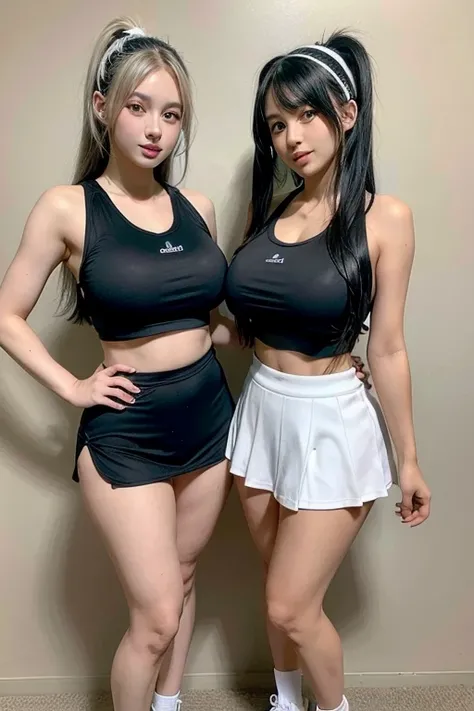 Twin 25 year old girls, black and white hair tennis uniform, big breasts, wide hips, sexy thin waist, big blue eyes 