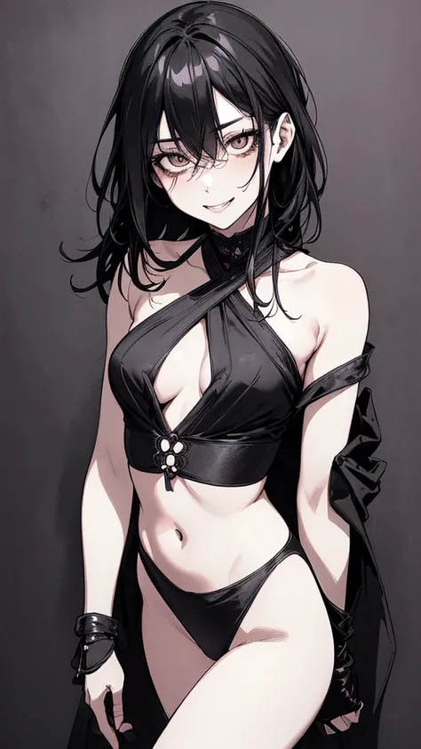 Best Quality, (background details), high contrast, very beautiful woman, detailed original illustration, functional, Kunoichi, ninja costume, black hair, delicate face, charm, bad girl,sexy, real breasts, small breasts, crazy smile, crazy eyes, black backg...