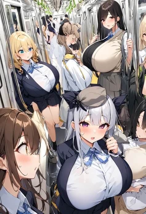 Several women、During commute、Women-only vehicle、Inside a Japanese train、(Huge breasts:1.2、sagging breast:1.2)、Brown Hair、Blonde、Black Hair、Silver Hair、Gal、high school student、OL、color々Clothes